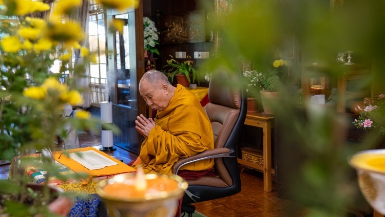 Дээрхийн Гэгээнтэн Далай Лам "Бодь сэтгэлийн тайлбар" номыг уншиж байгаа нь. Энэтхэг, ХП, Дарамсала. 2020.11.06. Зургийг Тэнзин Жампел.
