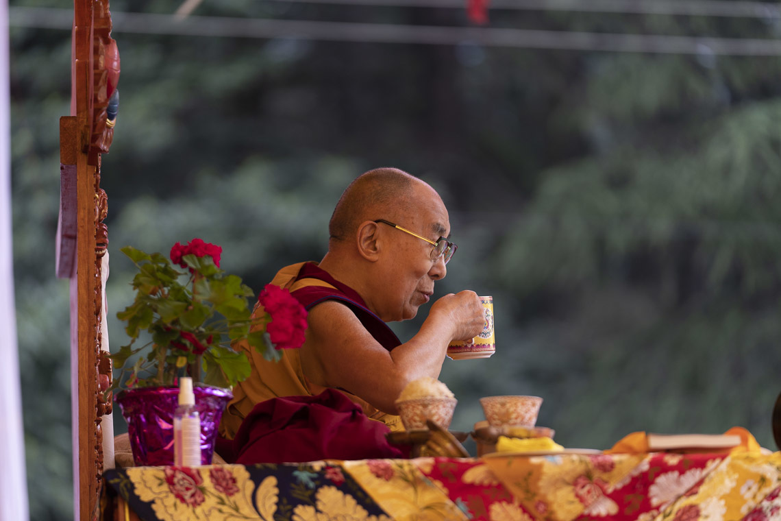 Дээрхийн Гэгээнтэн Далай Лам номын айлдварын дундуур цай зооглож байгаа нь. Энэтхэг, ХП, Манали. 2019.08.13. Гэрэл зургийг Тэнзин Чойжор.