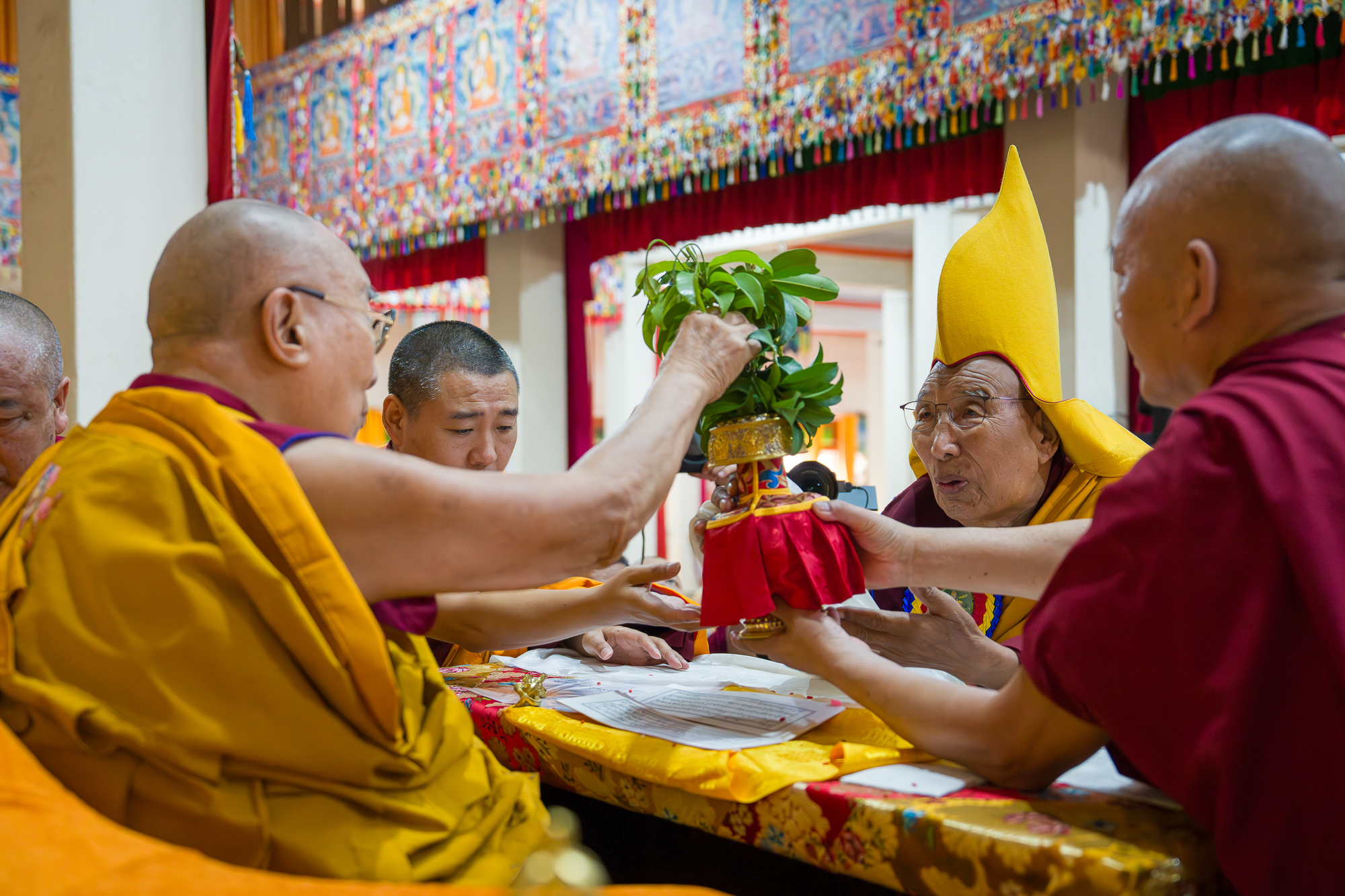 Гандан Лачи хийдэд болсон Бат оршил өргөх ёслолын үеэр Гандан ширээт лам  Дээрхийн гэгээн Далай ламд өргөл өргөж байгаа нь. Энэтхэг, Карнатака, Мундгод. 2026 оны 1-р сарын 21. Зургийг Дэнзэн Чойжор.