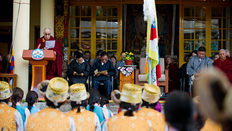 His Holiness the Dalai Lama reading his statement on the 52nd anniversary of Tibetan National Uprising Day at the Main Tibetan Temple in Dharamsala, HP, India on March 3, 2011. (Photo by Tenzin Choejor/OHHDL)