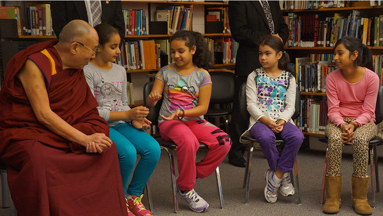 His Holiness the Dalai Lama joining students in a exercise talking about gratitude at John Oliver School in Vancouver, Canada on October 21, 2014. (Photo by Jeremy Russell/OHHDL)