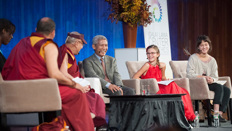 His Holiness the Dalai Lama answering a question about compassion during a dialogue with students at MIT's Kresge Auditorium in Boston, MA, USA on October 31, 2014. (Photo by Brian Lima)