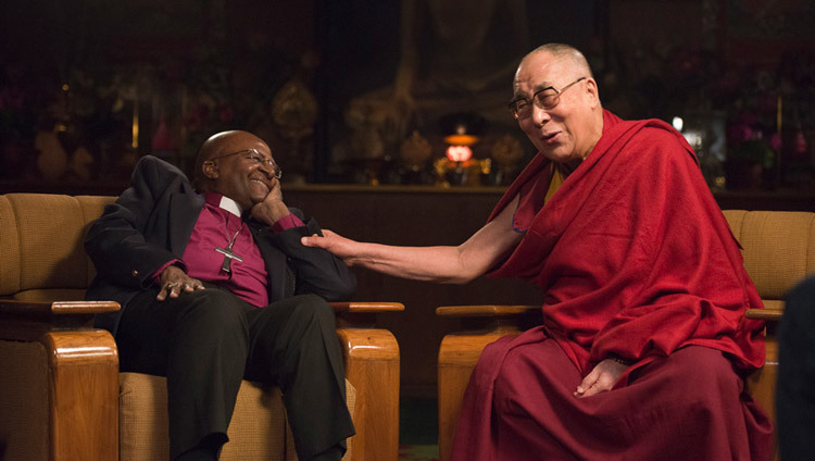 Archbishop Desmond Tutu and His Holiness the Dalai Lama during their discussion on joy at held at His Holiness's residence in Dharamsala, HP, India in April of 2015. (Photo by Tenzin Choejor/OHHDL)
