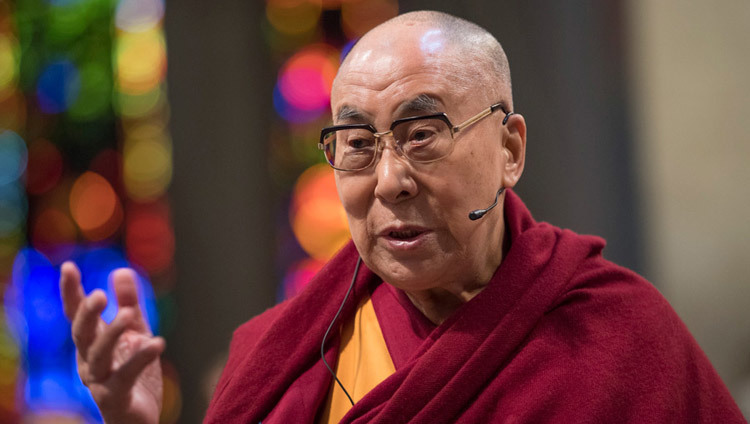 His Holiness the Dalai Lama speaking at Grossmuenster Church in Zurich Switzerland on October 15, 2016. (Photo by Manuel Bauer)