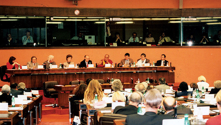 His Holiness the Dalai Lama addressing the European Parliament on the Five-Point Peace Plan in Strasbourg, France on June 15, 1988.