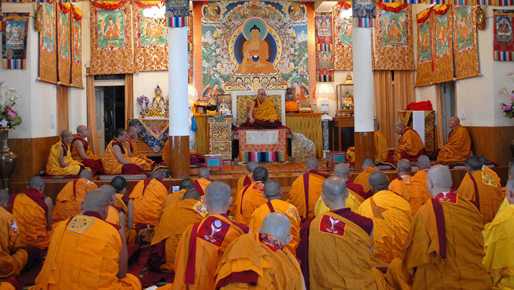His Holiness the Dalai Lama giving ordination vows at his residence in Dharamsala, HP, India in 2010. (Photo by Tenzin Choejor/OHHDL)